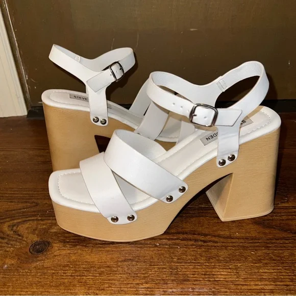 Steve Madden Gladiator White Strap Tan Platform Clog Heel Sandals Size 10 - Picture 3 of 14